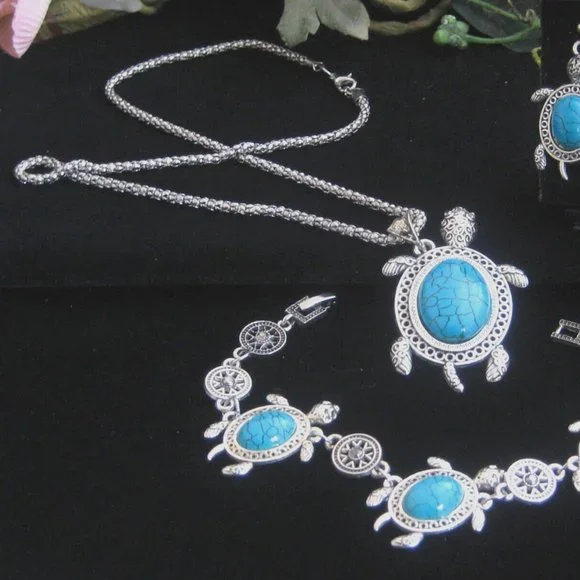 Turtle Pendant Necklace, Bracelet & Earrings faux turquoise silvertone setting - Picture 4 of 4